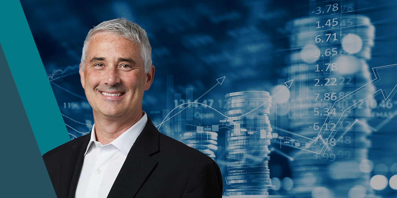 Headshot of Michael Antonelli with an abstract image of coins and a stock chart in the background.