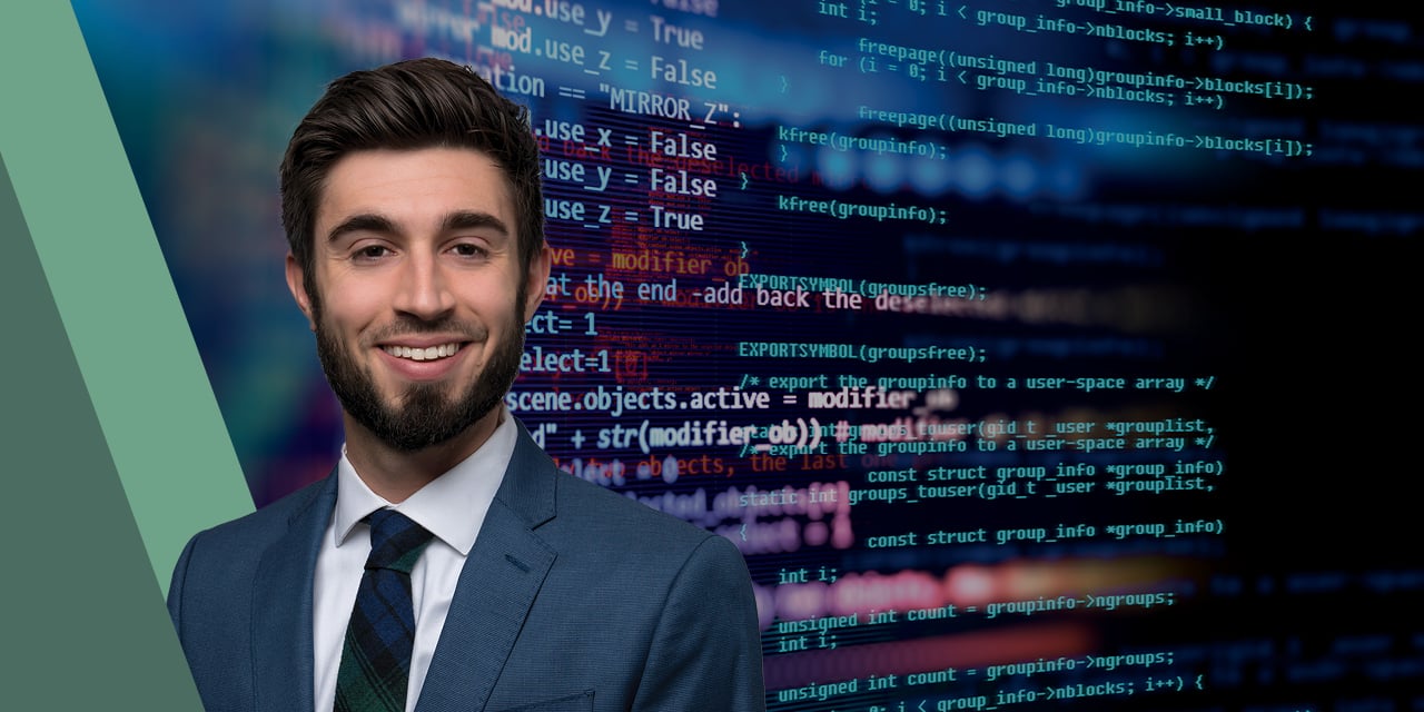 Headshot of Ross Mayfield with computer code in background.