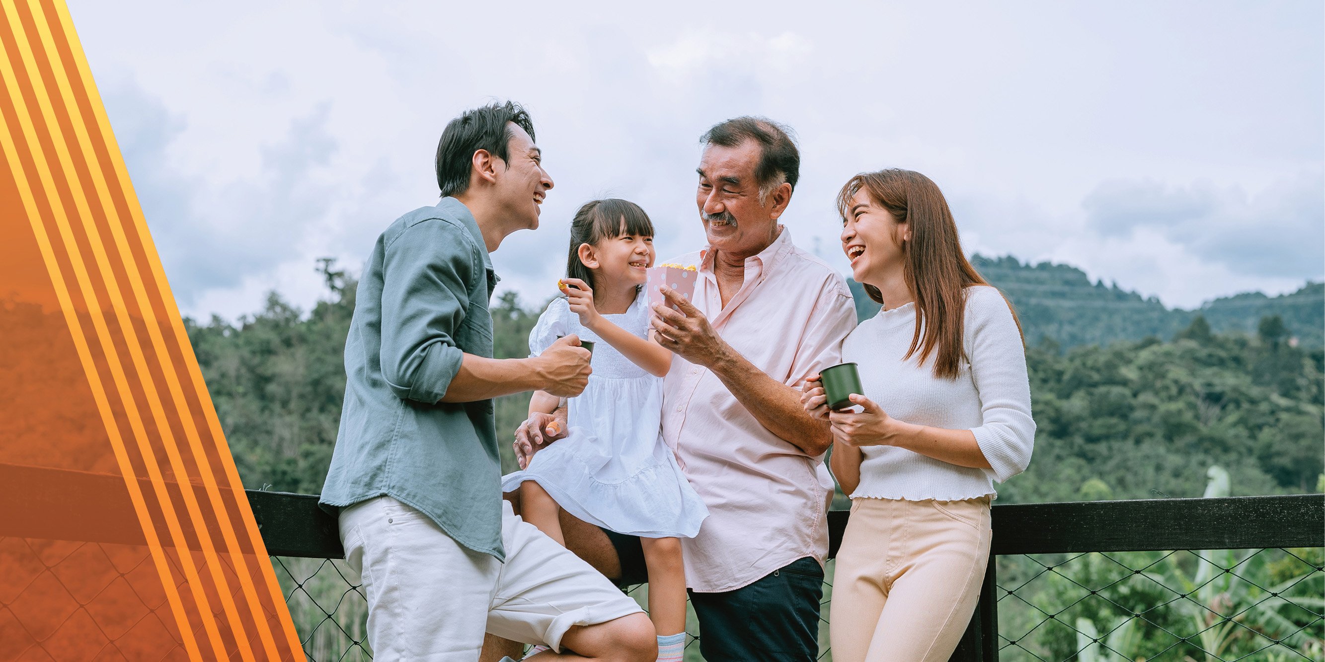 Family talking while standing on an outdoor deck