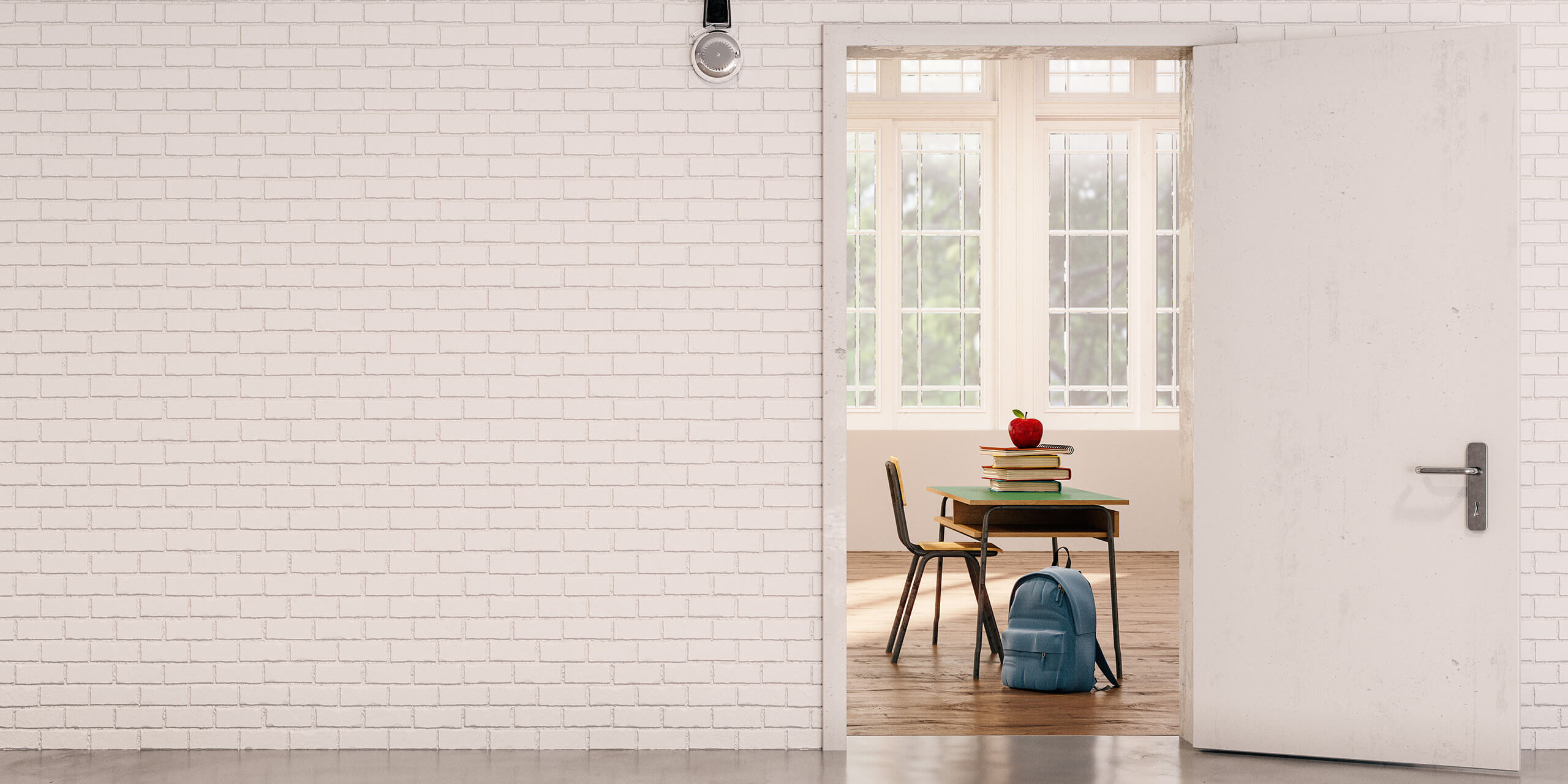 Classroom shown from hallway open door