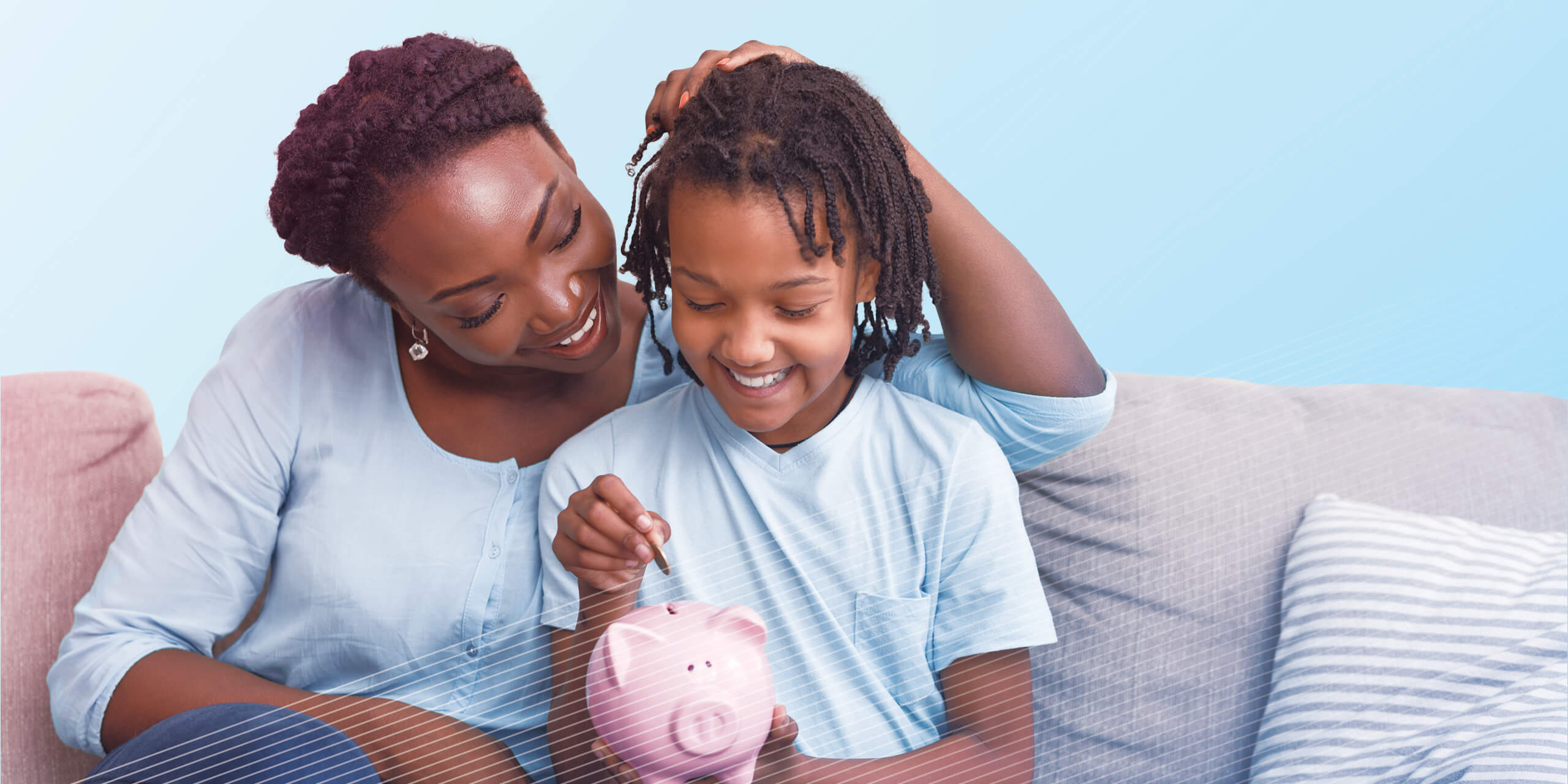 Mother and child holding piggy bank