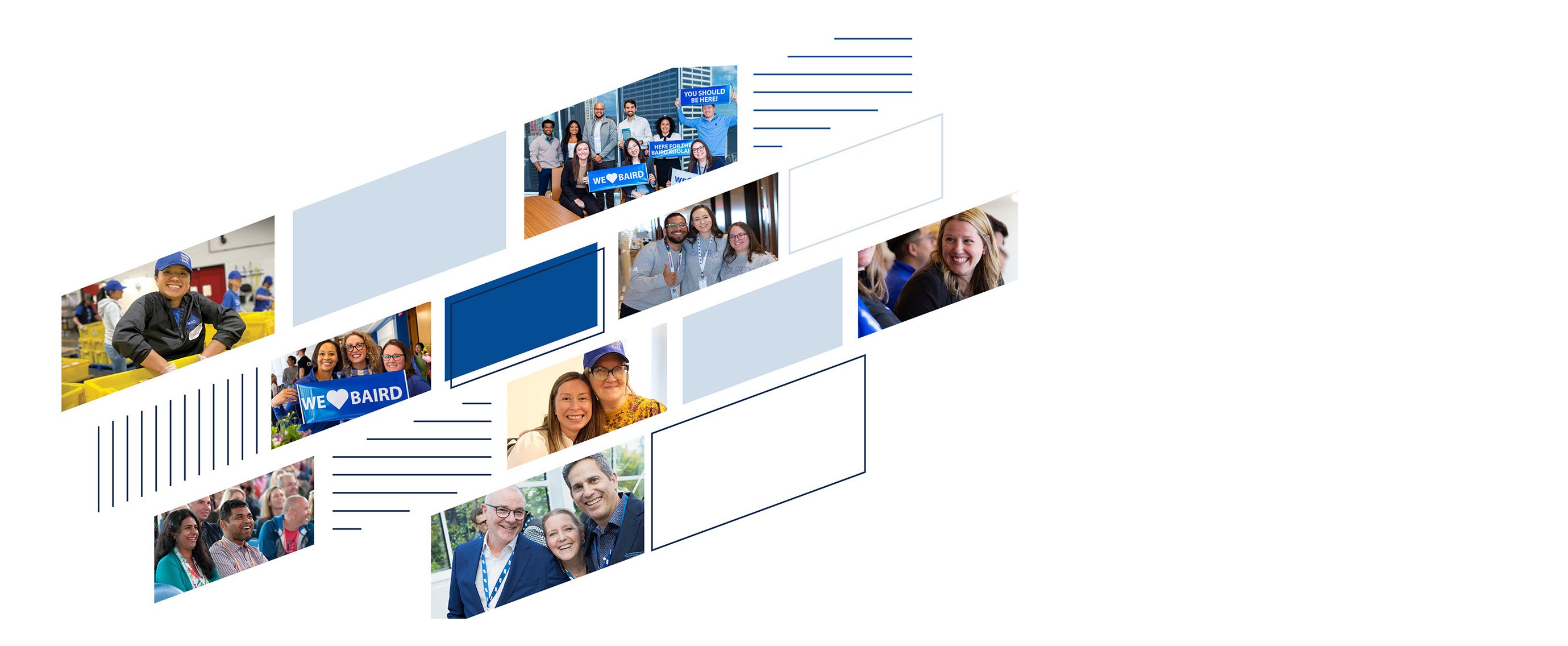 Blue parallelograms framing candids of Baird associates during firm events